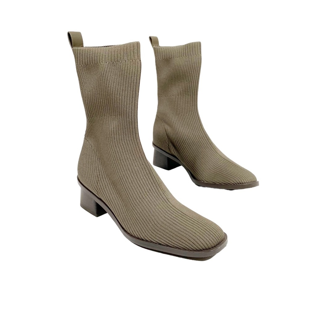 EVERLANE The High Ankle Glove Knit Heeled Square Toe Pull On Boots Caper Green